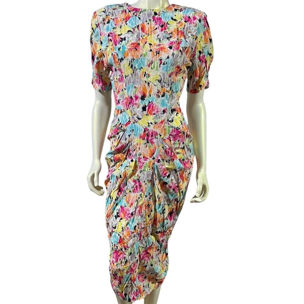Vintage Just For Wraps California Abstract Watercolor Print Ruched Midi Dress